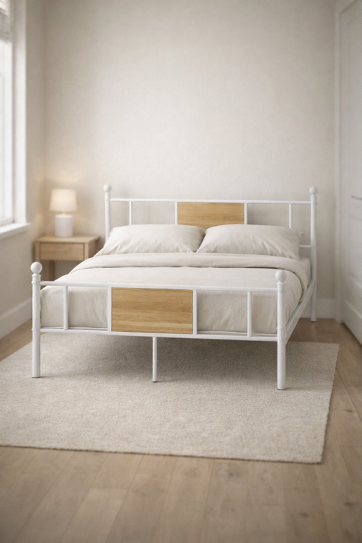 White Metal Bed Frame with Wood Accent Panel white metal bed / Base Headboard