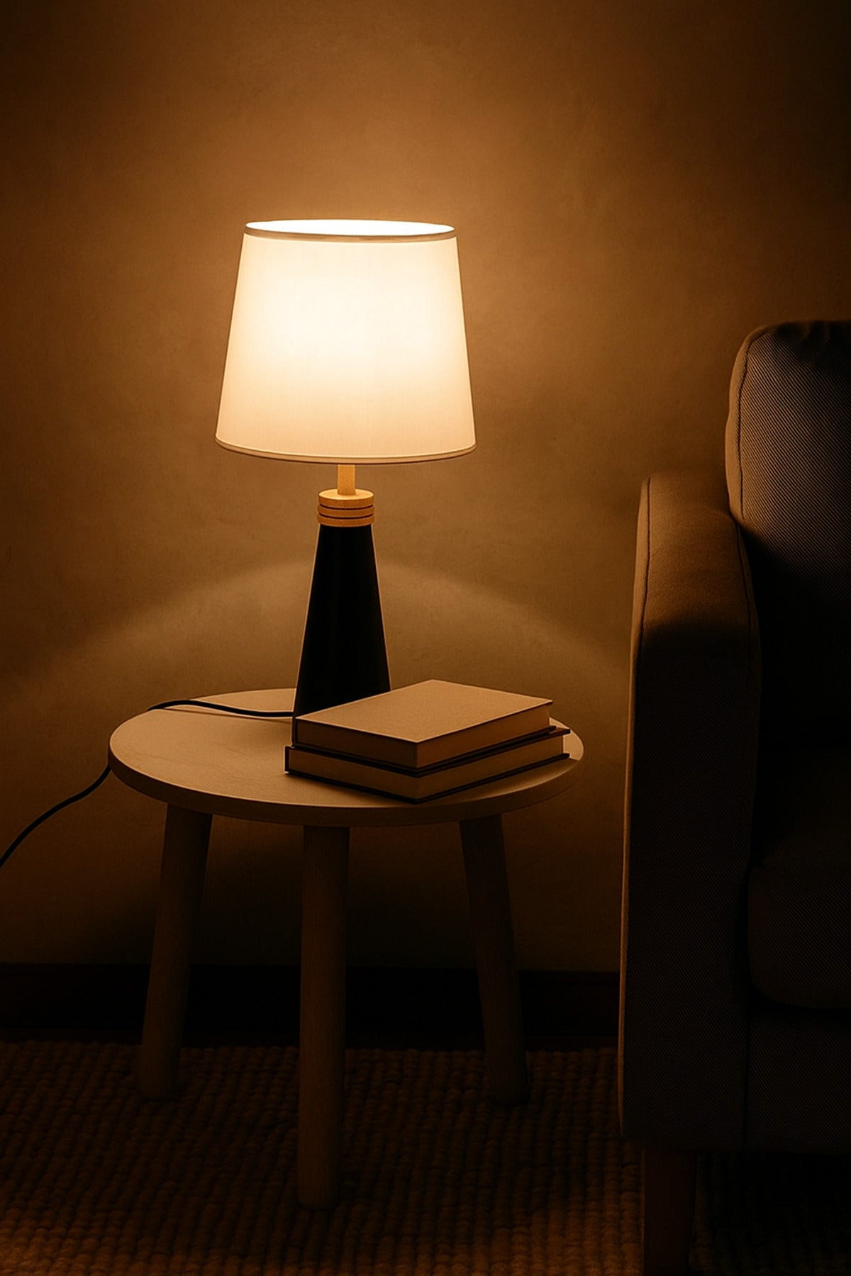 Modern Black Table Lamp Ð Wooden Base with White Fabric Shade for Bedroom & Living Room