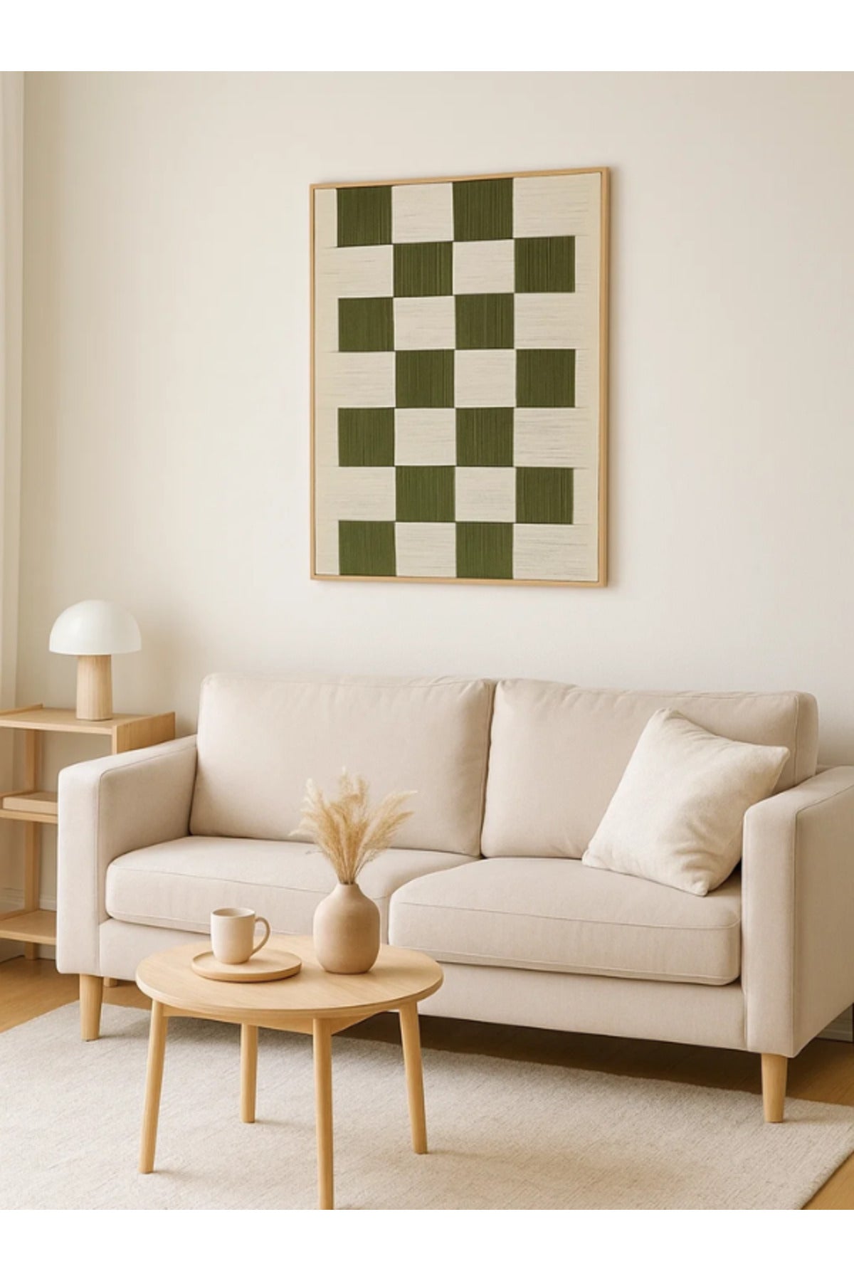 Modern Geometric Wall Art Ð 120_80 cm Beige and Green Checkered Framed Canvas DŽcor