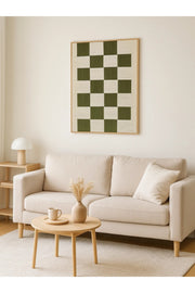 Modern Geometric Wall Art Ð 120_80 cm Beige and Green Checkered Framed Canvas DŽcor