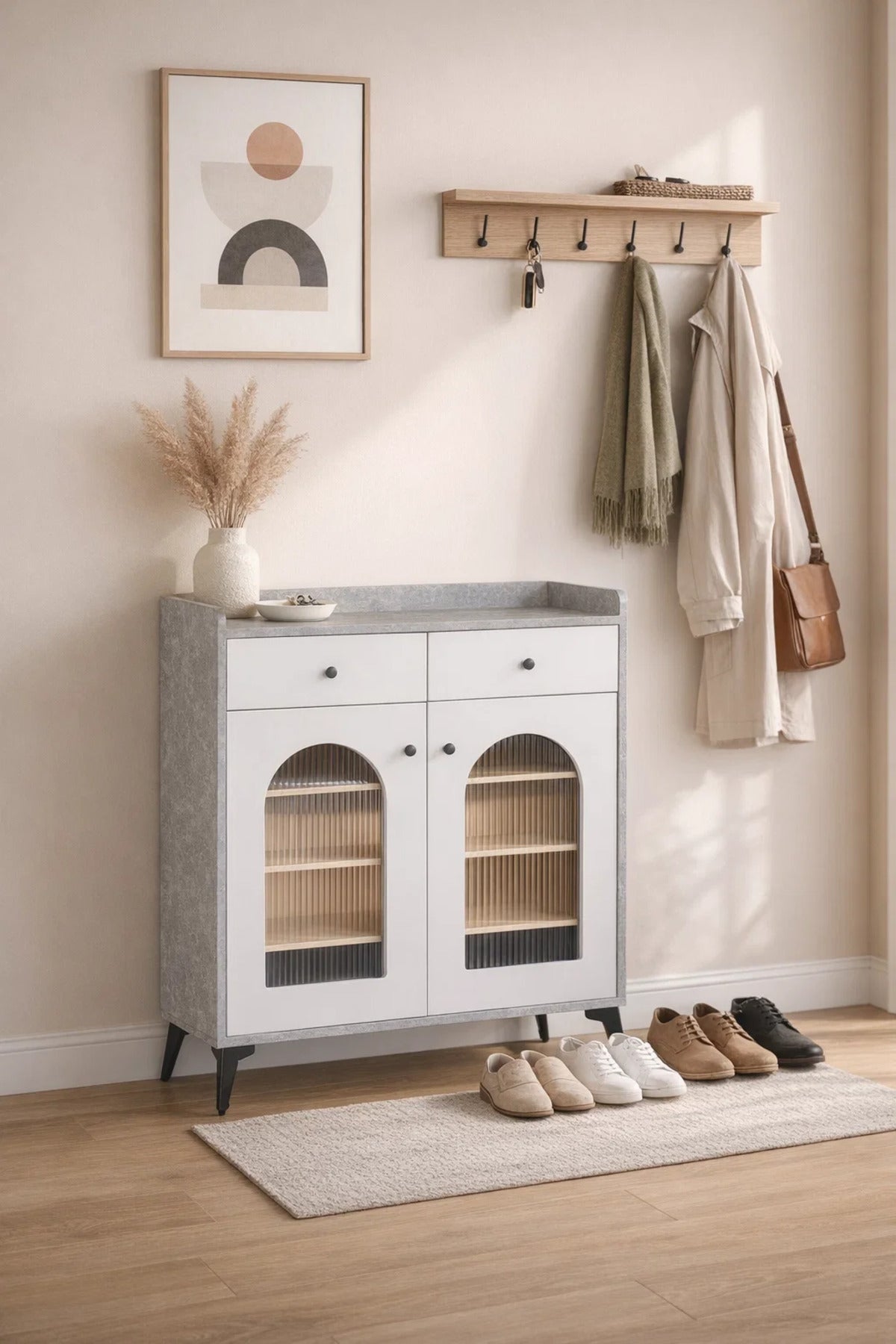 Modern 80cm Shoe Cabinet with Drawers and Arched Glass Doors for Stylish Entryway Organization