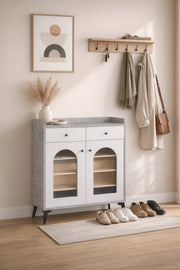 Modern 80cm Shoe Cabinet with Drawers and Arched Glass Doors for Stylish Entryway Organization