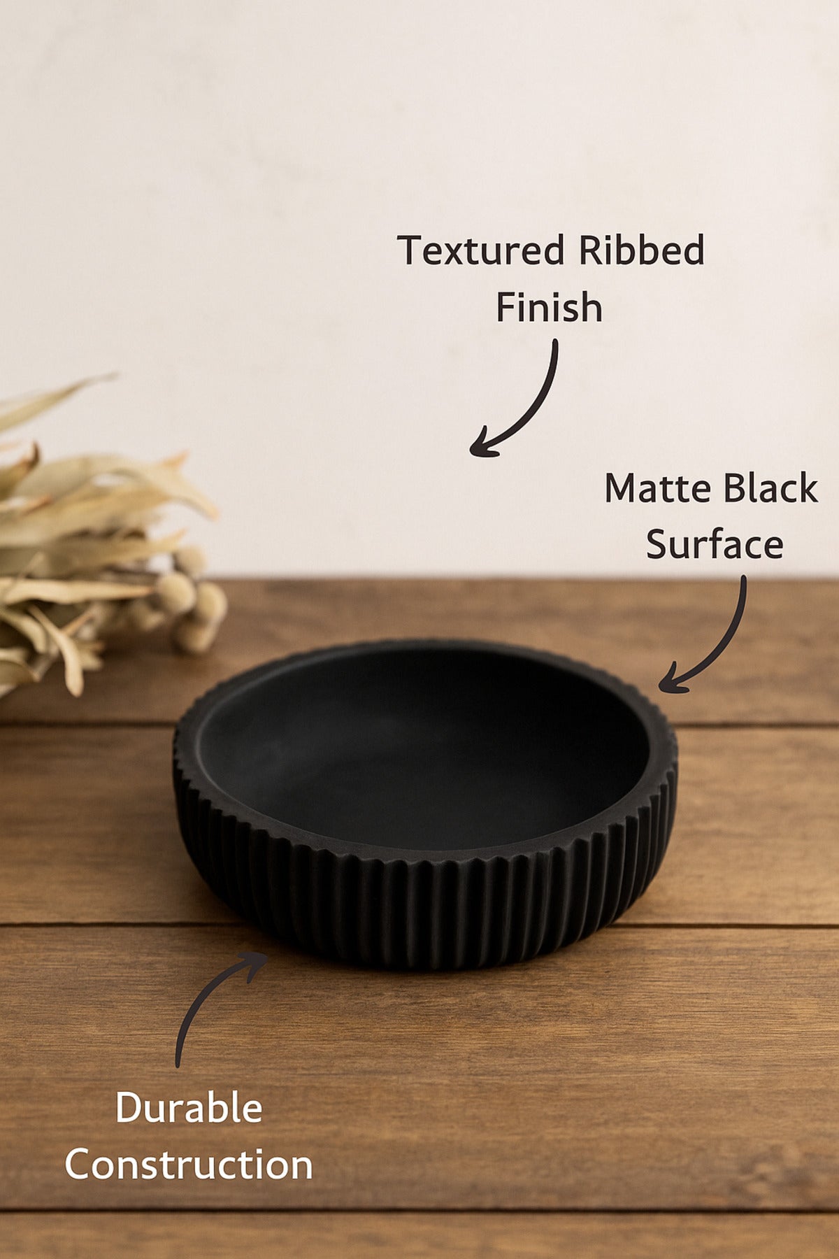 Black Wooden Ribbed Decorative Bowl Ð Modern Table Centerpiece