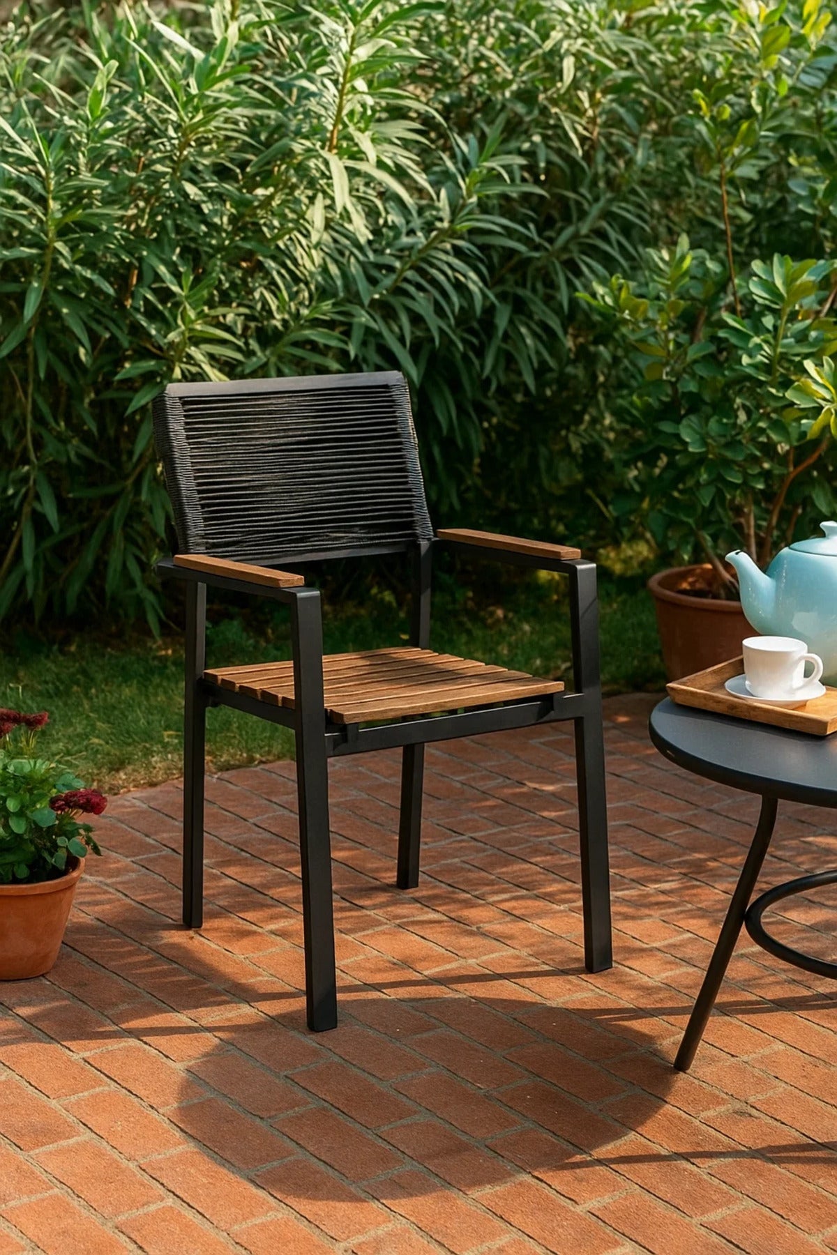 Modern Garden Chair Black Metal Frame Outdoor Patio Dining Chair for Balcony and Terrace