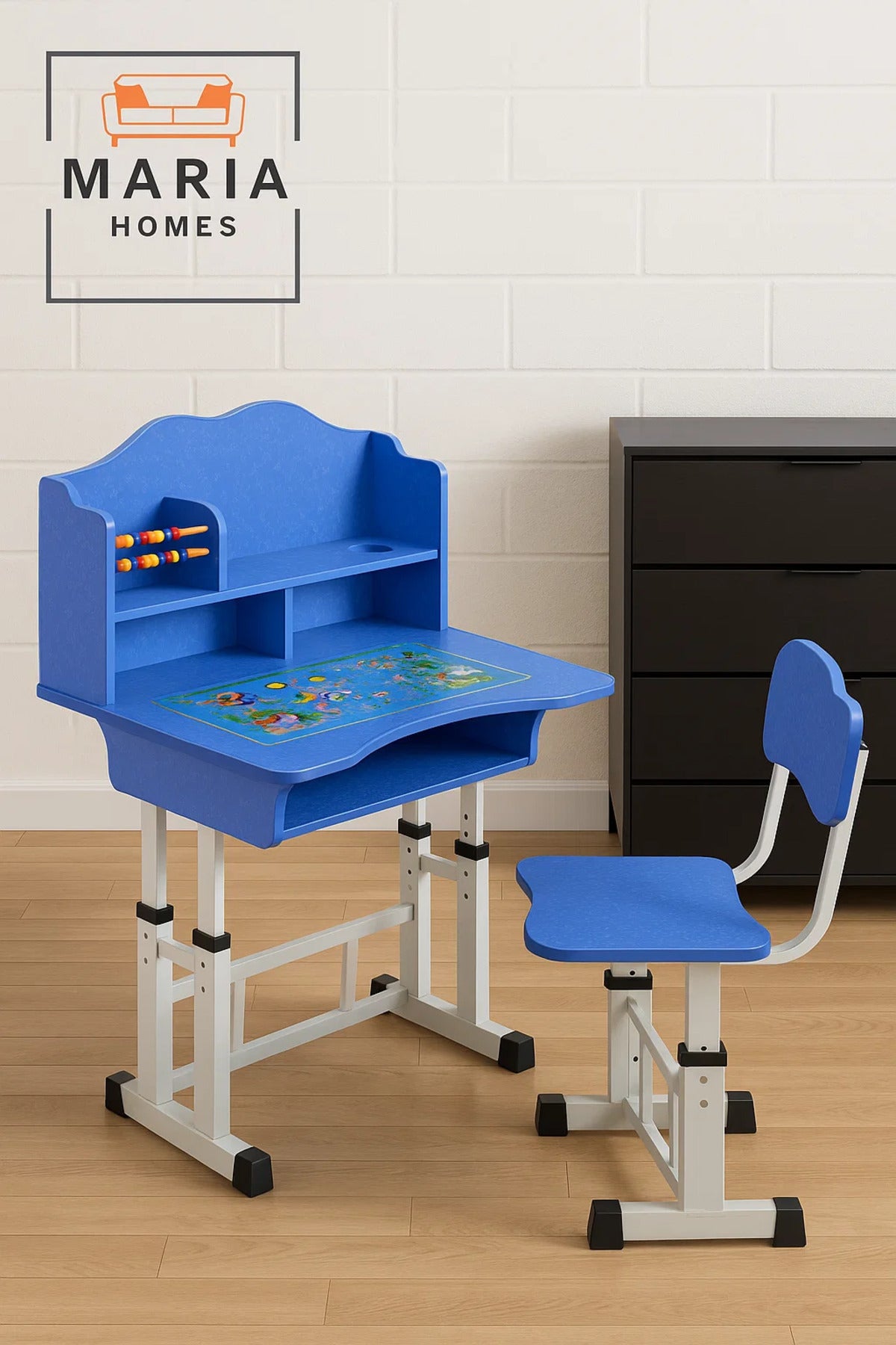 Blue Adjustable Kids Study Desk and Chair Set with Shelf and Abacus