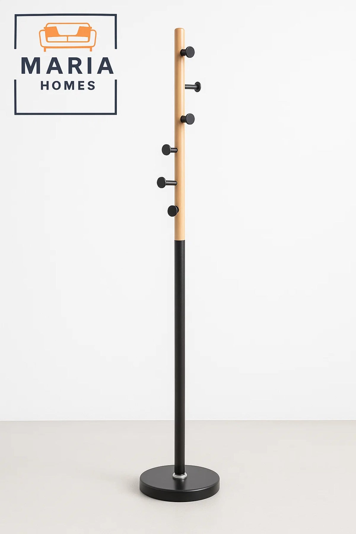Modern Wood & Black Metal Coat Rack with Side Peg Hooks
