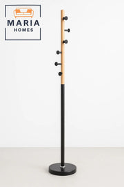 Modern Wood & Black Metal Coat Rack with Side Peg Hooks