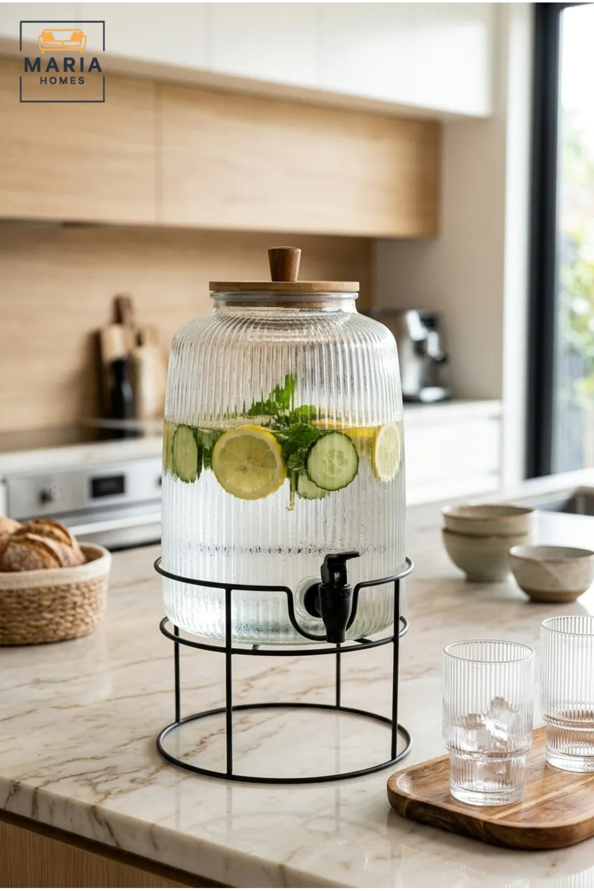 Large Glass Beverage Dispenser with Tap, Wooden Lid and Metal Stand, Drink Jar for Water, Juice, Lemonade, Iced Tea, Parties and Buffets