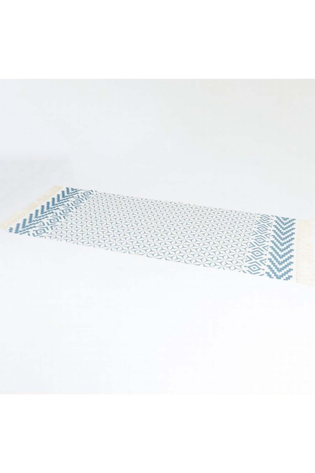 Boho Cotton Runner Rug with Blue Geometric Pattern and Fringe Ðsize 90x200 cm