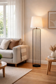 Modern Black Cage Style Floor Lamp with Fabric Shade for Living Room Decor