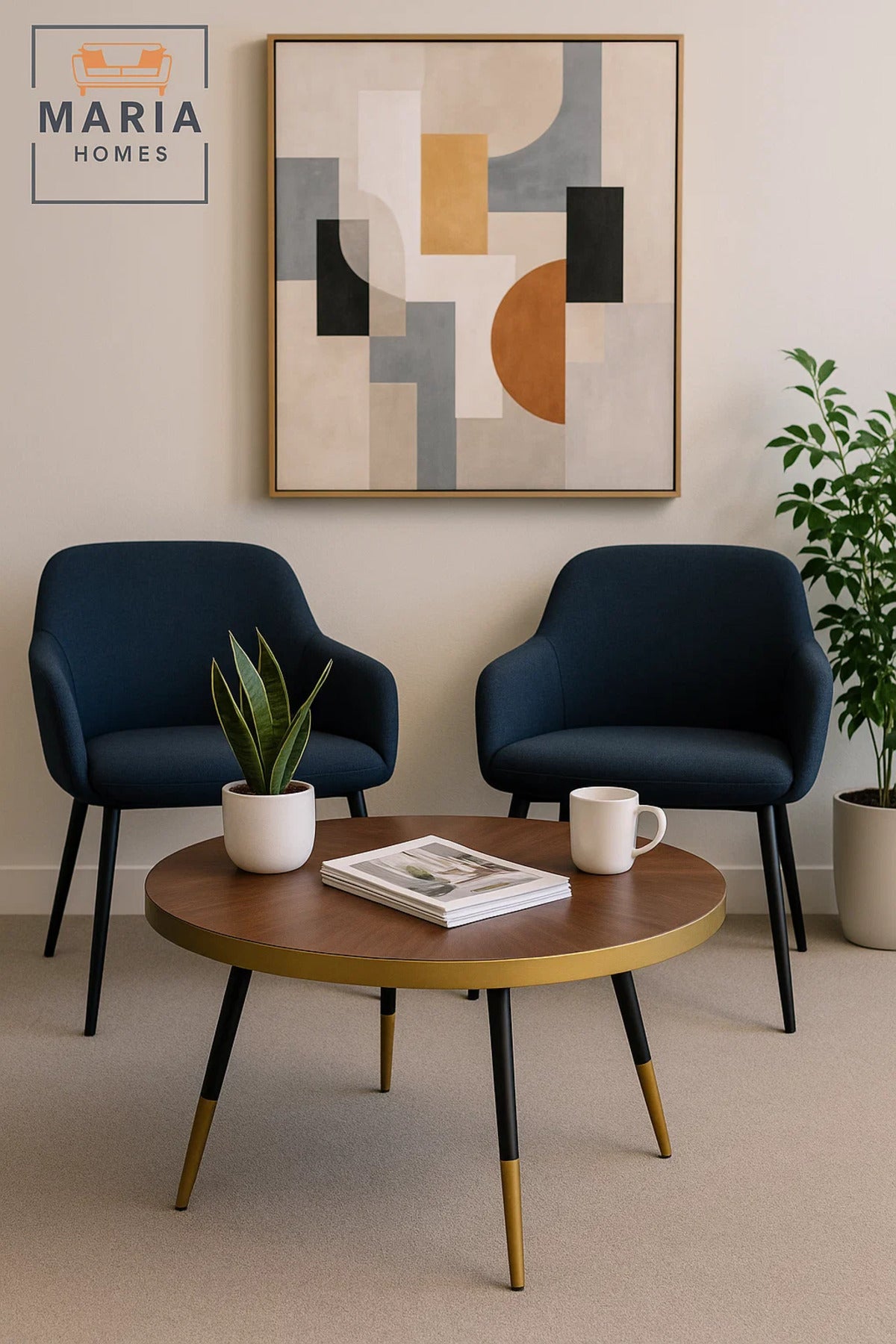 Modern Round Coffee Table Walnut Top with Gold Trim & Black Legs for Stylish Living Rooms