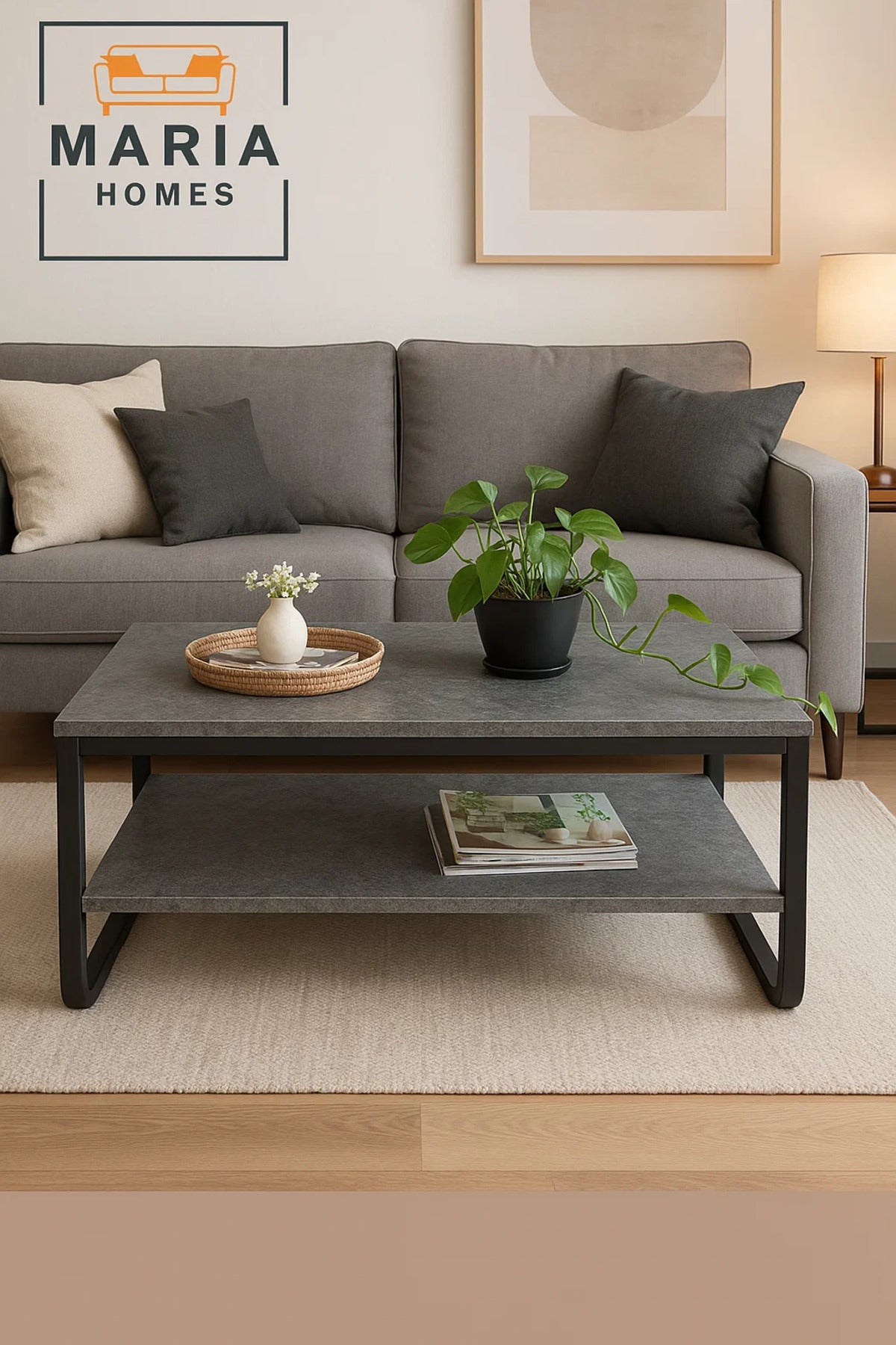 Modern Grey Stone Look Center Table 100x55x45cm Ð Coffee Table with Shelf & Black Metal Frame