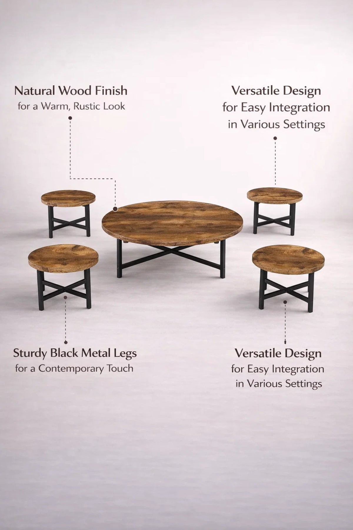 Rustic 5-Piece Coffee Table Set with Wooden Top and Black Metal Frame Modern Design for Living Room
