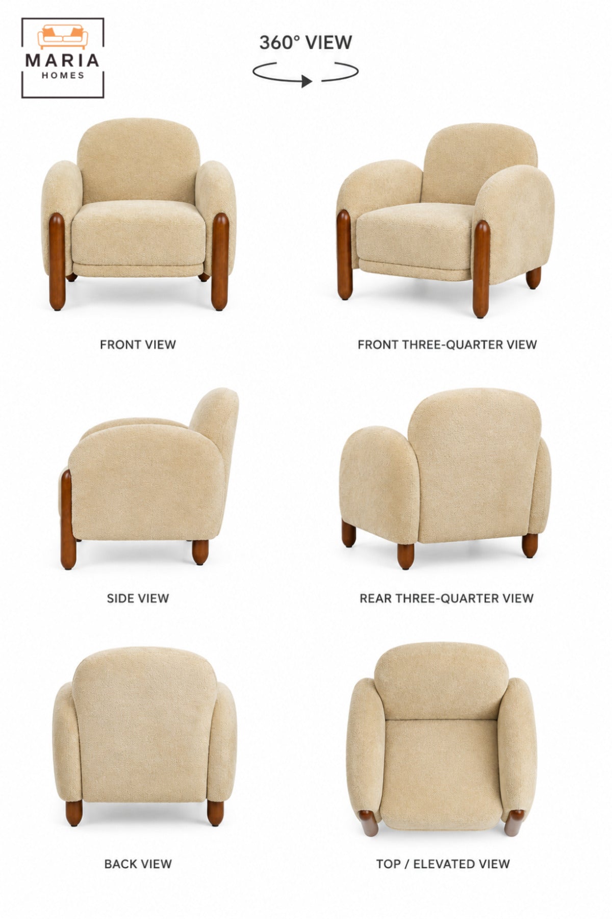 Modern Upholstered Accent Armchair with Curved Backrest, Padded Seat, Rounded Armrests and Wooden Legs | Lounge Chair for Living Room and Bedroom