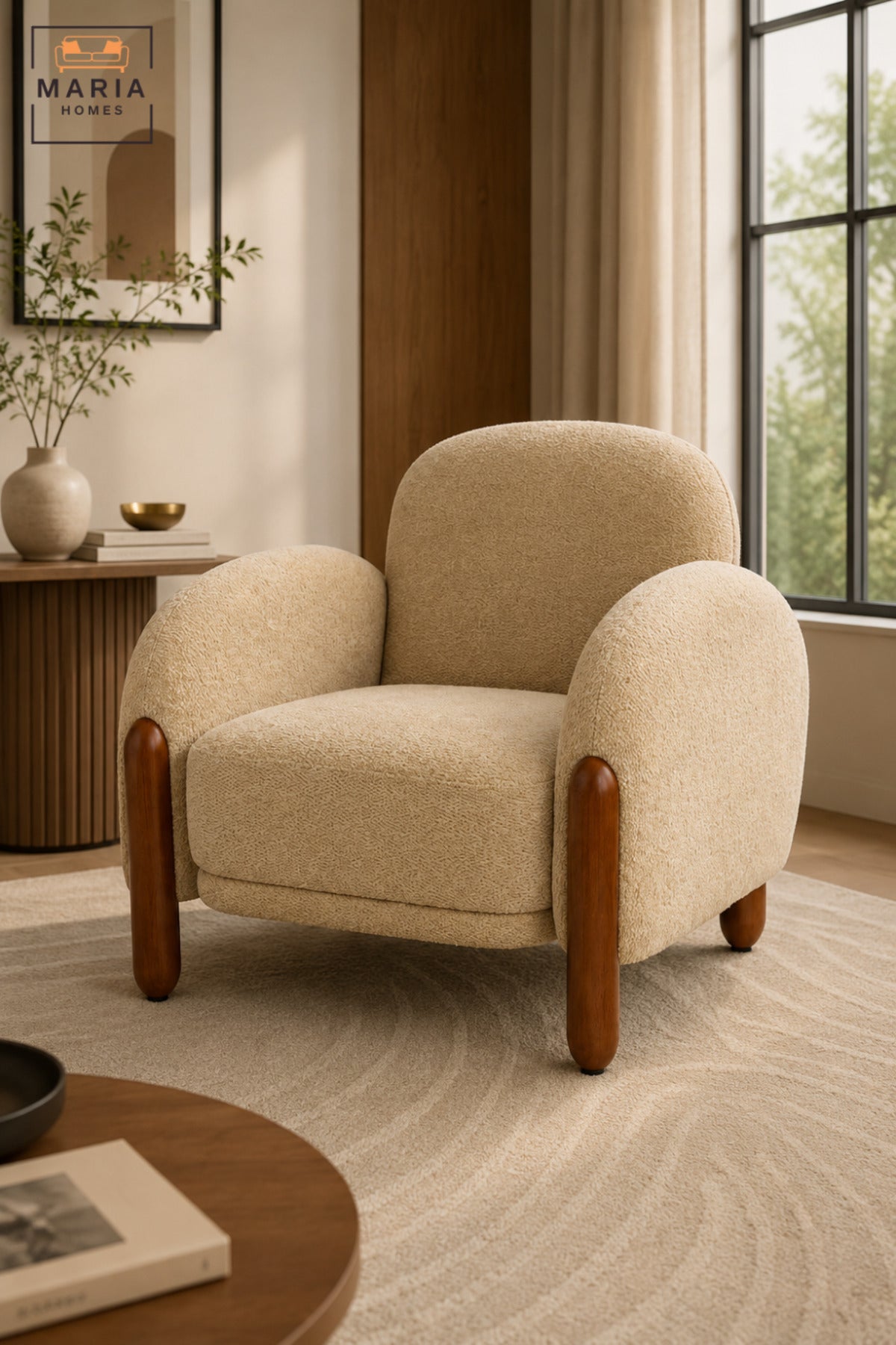 Modern Upholstered Accent Armchair with Curved Backrest, Padded Seat, Rounded Armrests and Wooden Legs | Lounge Chair for Living Room and Bedroom