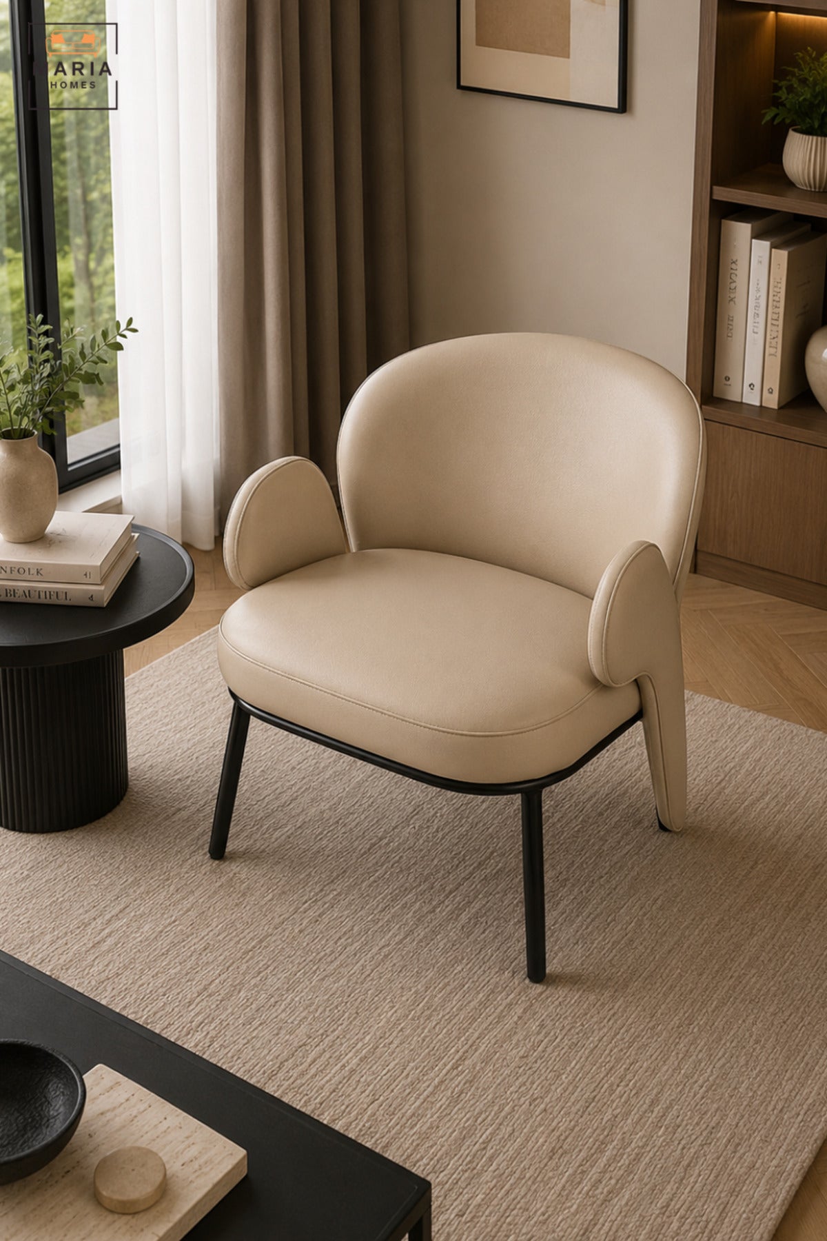 Modern Beige Upholstered Accent Armchair with Curved Backrest, Padded Seat, Unique Armrests & Black Metal Legs for Living Room Bedroom Office Lounge
