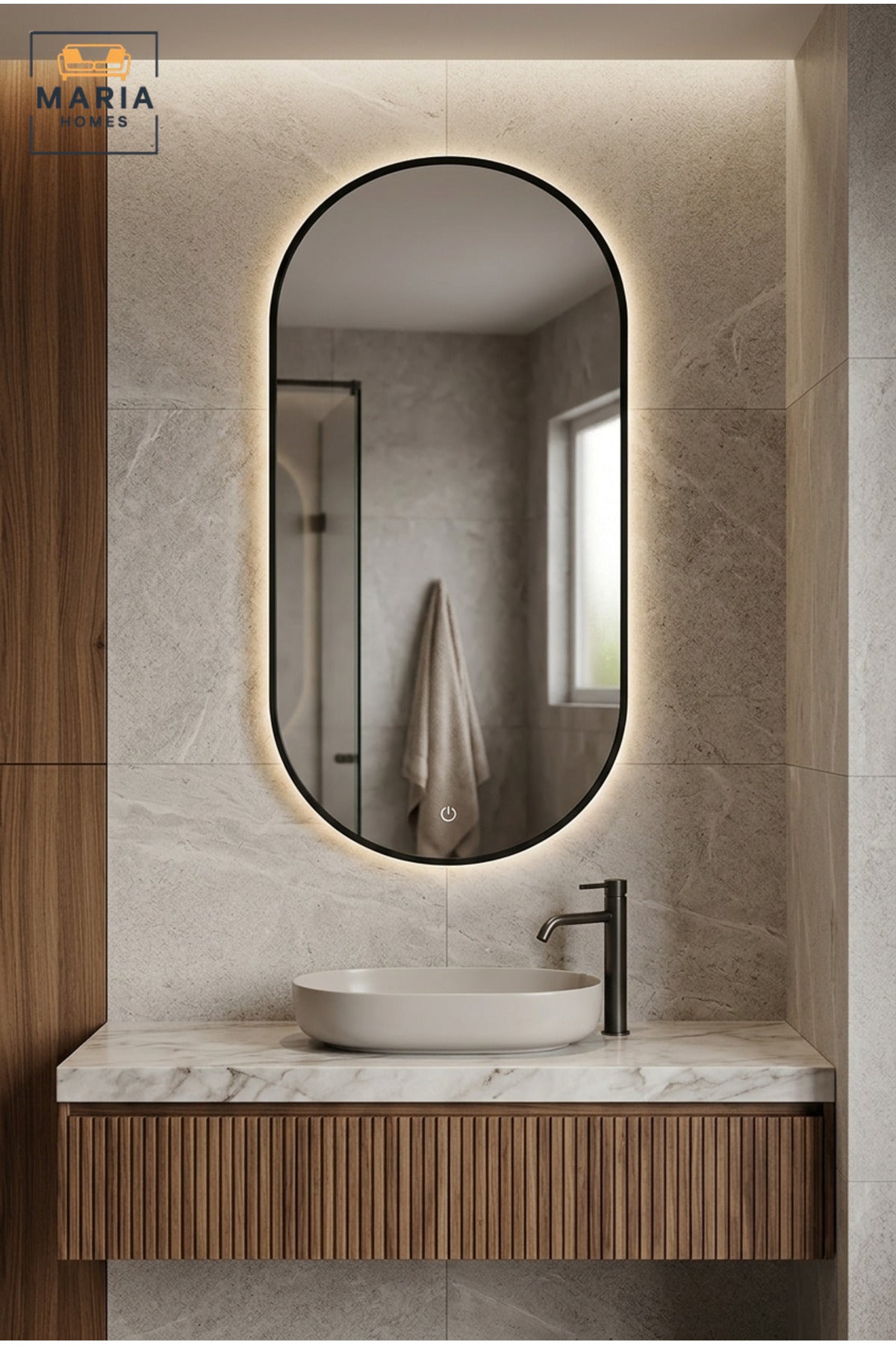 Modern Capsule-Shaped LED Wall Mirror with Touch Sensor, Backlit Framed Decorative Mirror for Bathroom, Bedroom, Vanity and Dressing Room