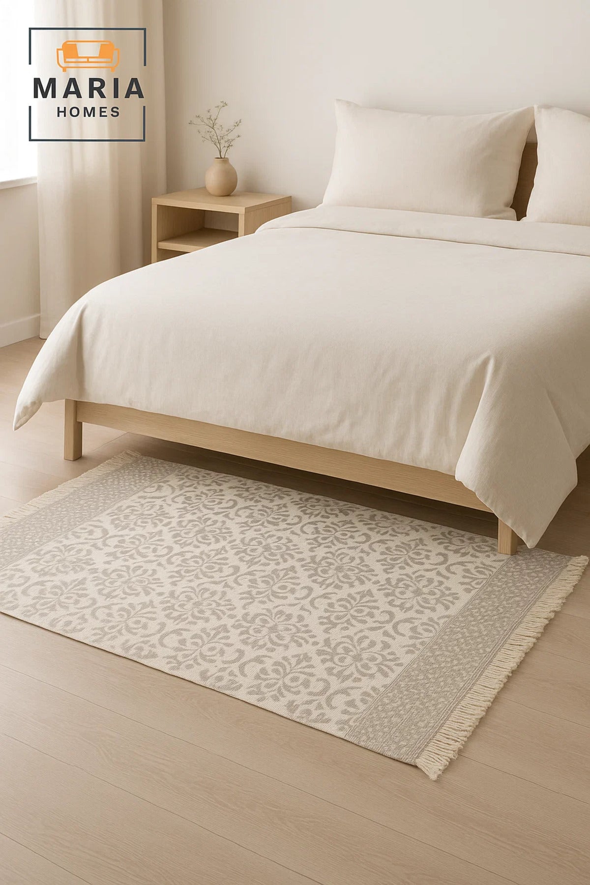 Beige Cotton Runner Rug with Floral Medallion Pattern and Fringe Ðsize 90*150 cm