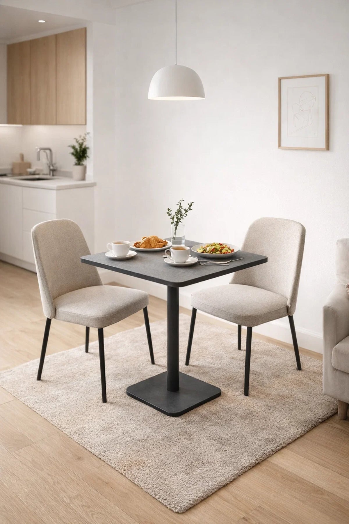 Modern Square Grey Melamine Dining Table with Black Metal Pedestal Base for Stylish Interiors