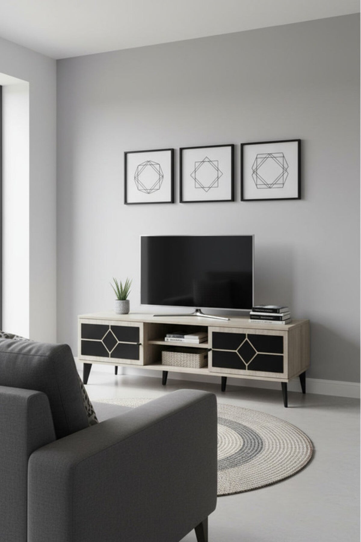 Modern Beige.B TV Table with Open Shelves & Storage Cabinets