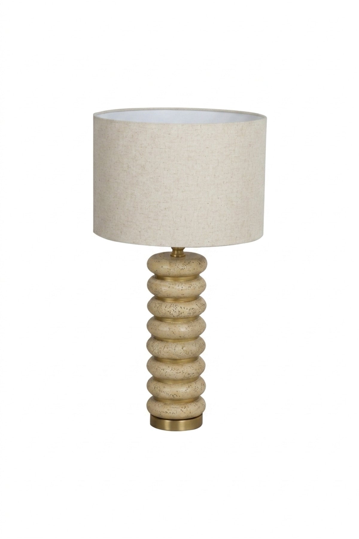 Modern Sculptural Table Lamp with Beige Drum Fabric Shade, Stacked Ring Textured Base and Gold Tone Accents for Bedroom, Living Room, Office and Hotel
