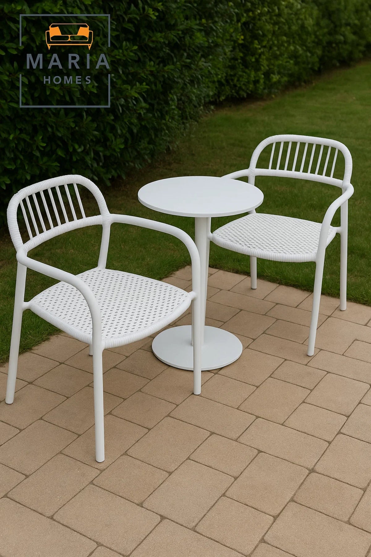 White Woven-Seat Plastic Chair with Armrest Ð Lightweight Indoor Outdoor Modern Patio Dining Chair