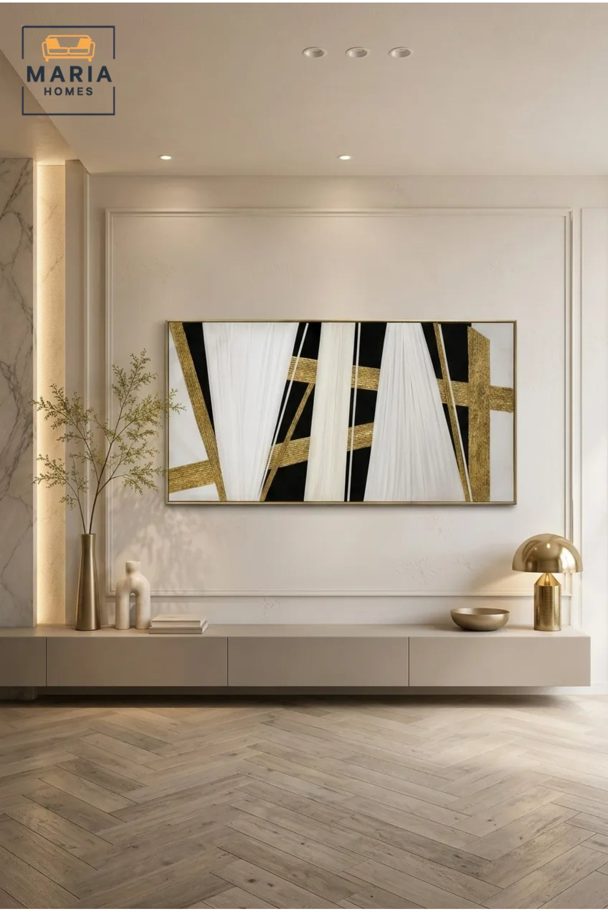 Luxury Panoramic Abstract Wall Art Ð Modern Black, White & Gold Geometric Framed Artwork for Living Room, Dining Room & Office DŽcor