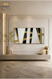 Luxury Panoramic Abstract Wall Art Ð Modern Black, White & Gold Geometric Framed Artwork for Living Room, Dining Room & Office DŽcor