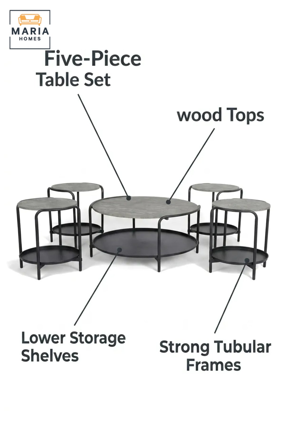 Modern Five-Piece Coffee Table Set with Round Center Table, Four Matching Side Tables and Lower Storage Shelves for Living Room, Lounge and Office