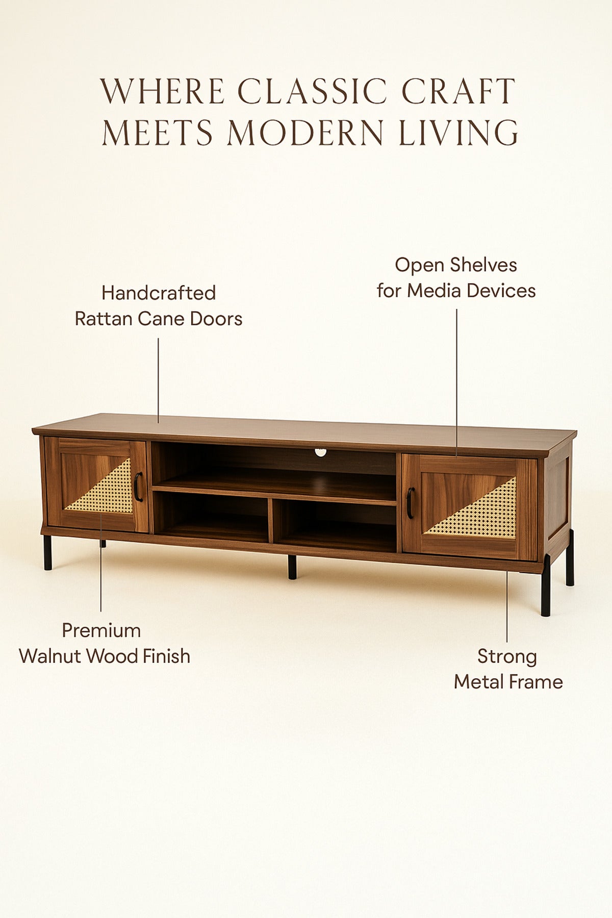 Walnut Wooden TV Stand 180_40_56 cm Ð Modern Rattan Door TV Unit with Open Shelves and Black