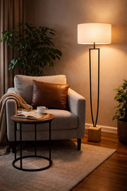 Modern Floor Lamp with Fabric Shade and Decorative Stone Base for Living Room