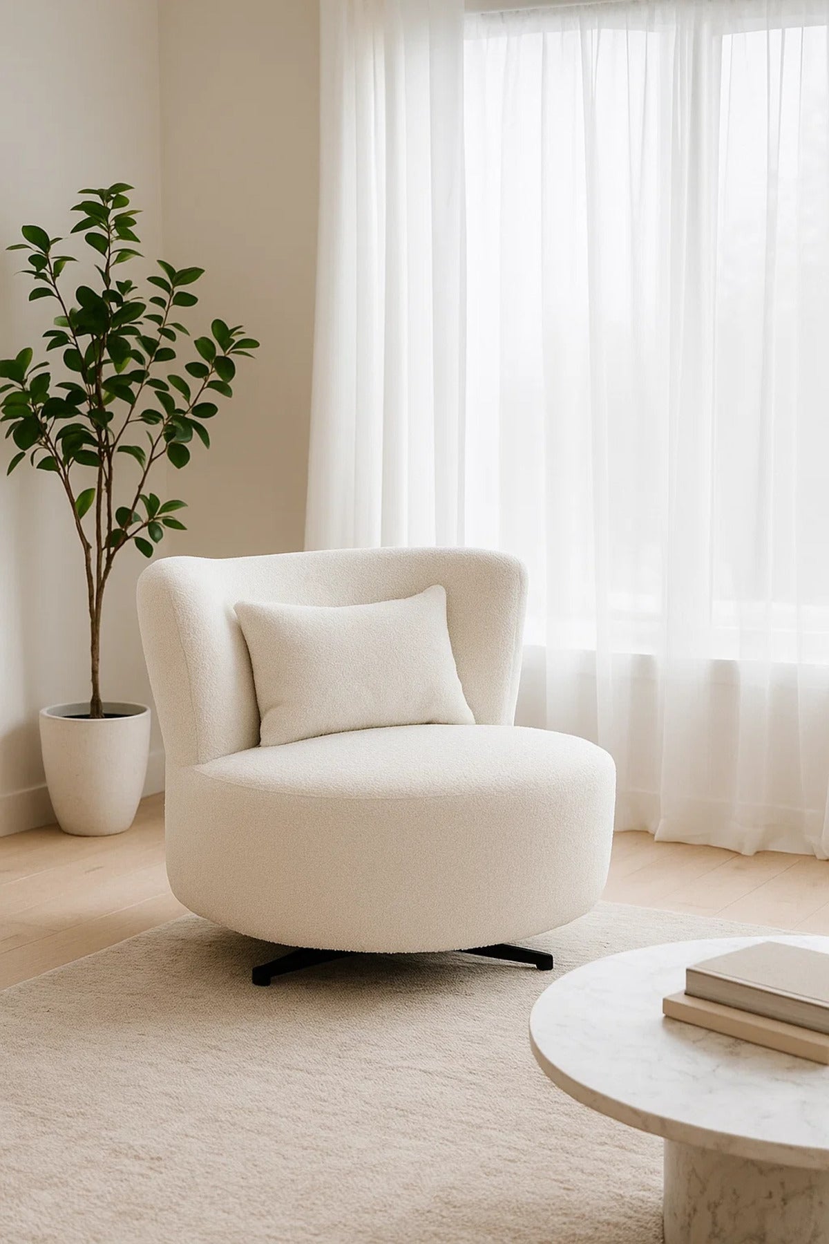 Modern Fabric Swivel Lounge Chair, Cozy Accent Chair for Living Room, Bedroom & Office (White)