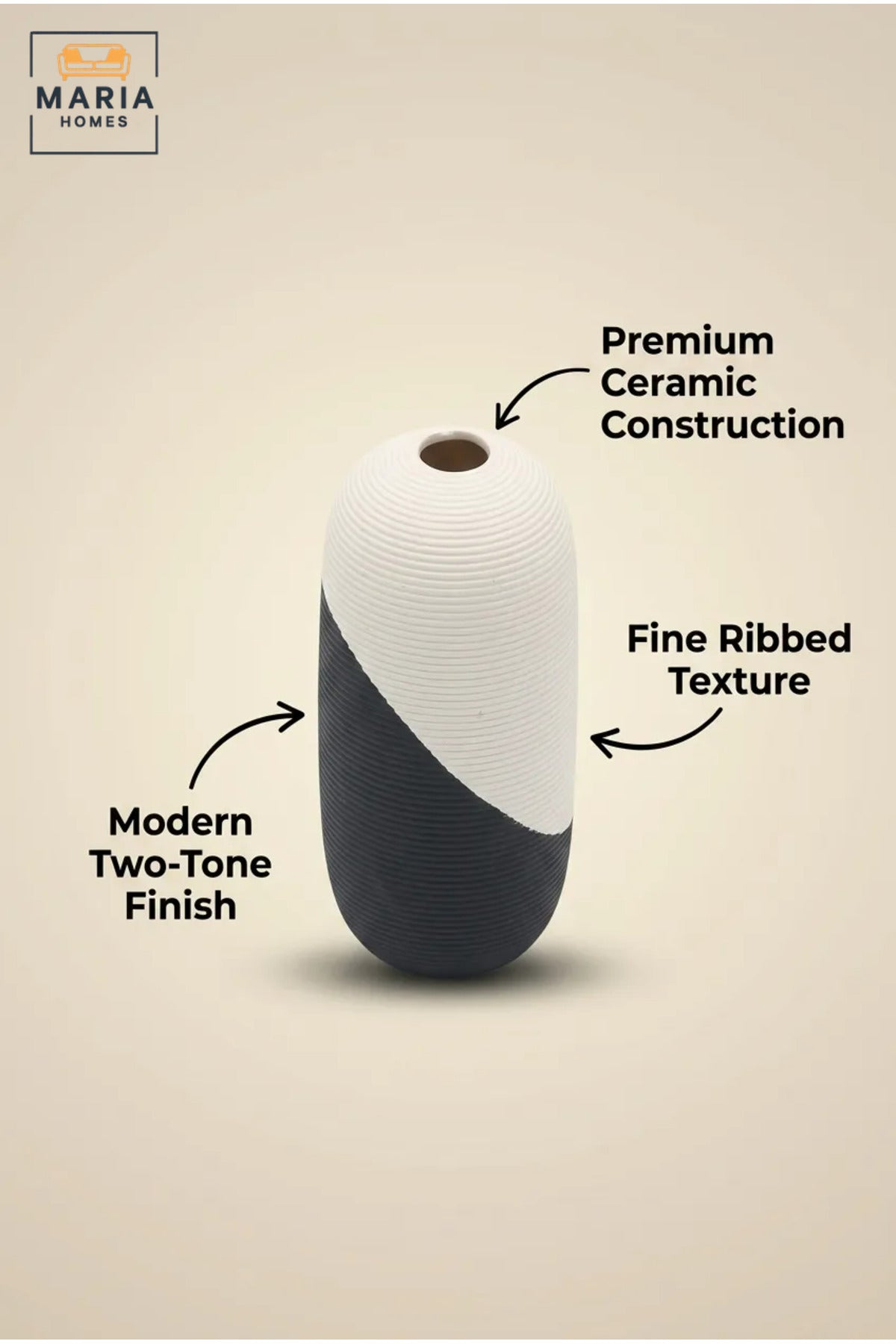 Modern Decorative Flower Vase with Two-Tone Abstract Design, Oval Shape and Ribbed Texture for Living Room, Bedroom, Office, Shelf and Console Décor