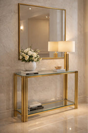 Modern Glass Console Table with Gold Metal Frame