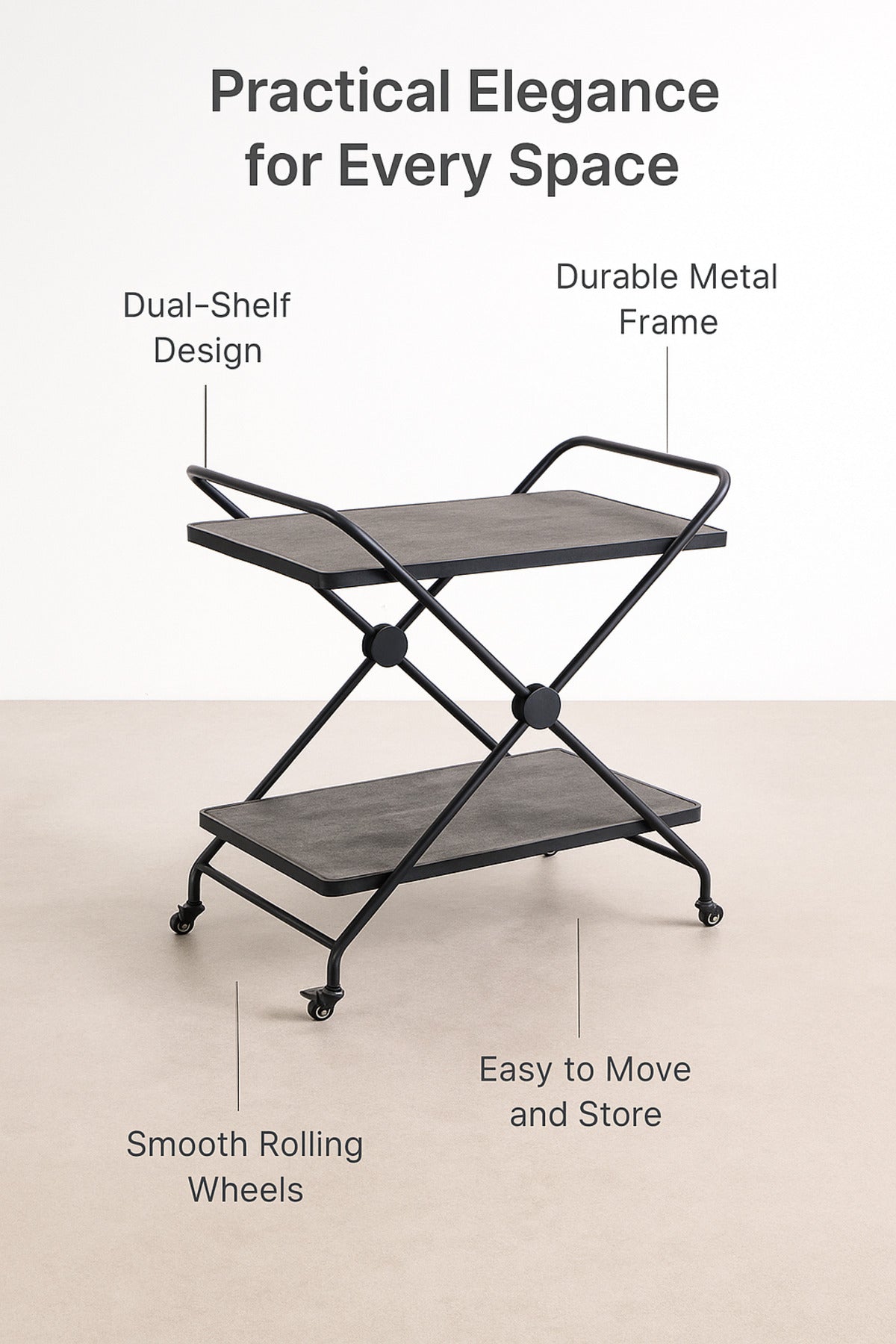 Industrial Gray Metal Serving Trolley with Wheels Ð 2-Tier Bar Cart 70_40_84 cm