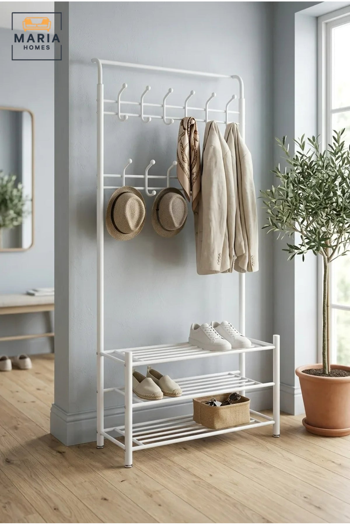 Freestanding Clothes Rack with Multiple Hanging Hooks and Three Storage Shelves, Garment Organiser for Bedroom, Dressing Room, Laundry Room and Boutique