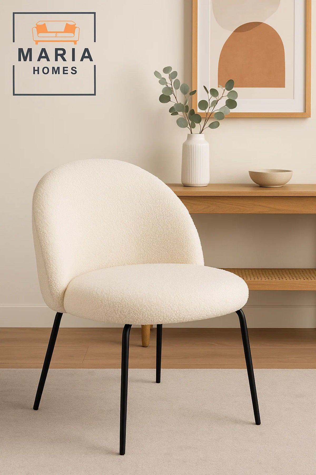 White BouclŽ Dining Chair Ð Modern Upholstered Chair with Black Metal Legs for Dining Room & Office