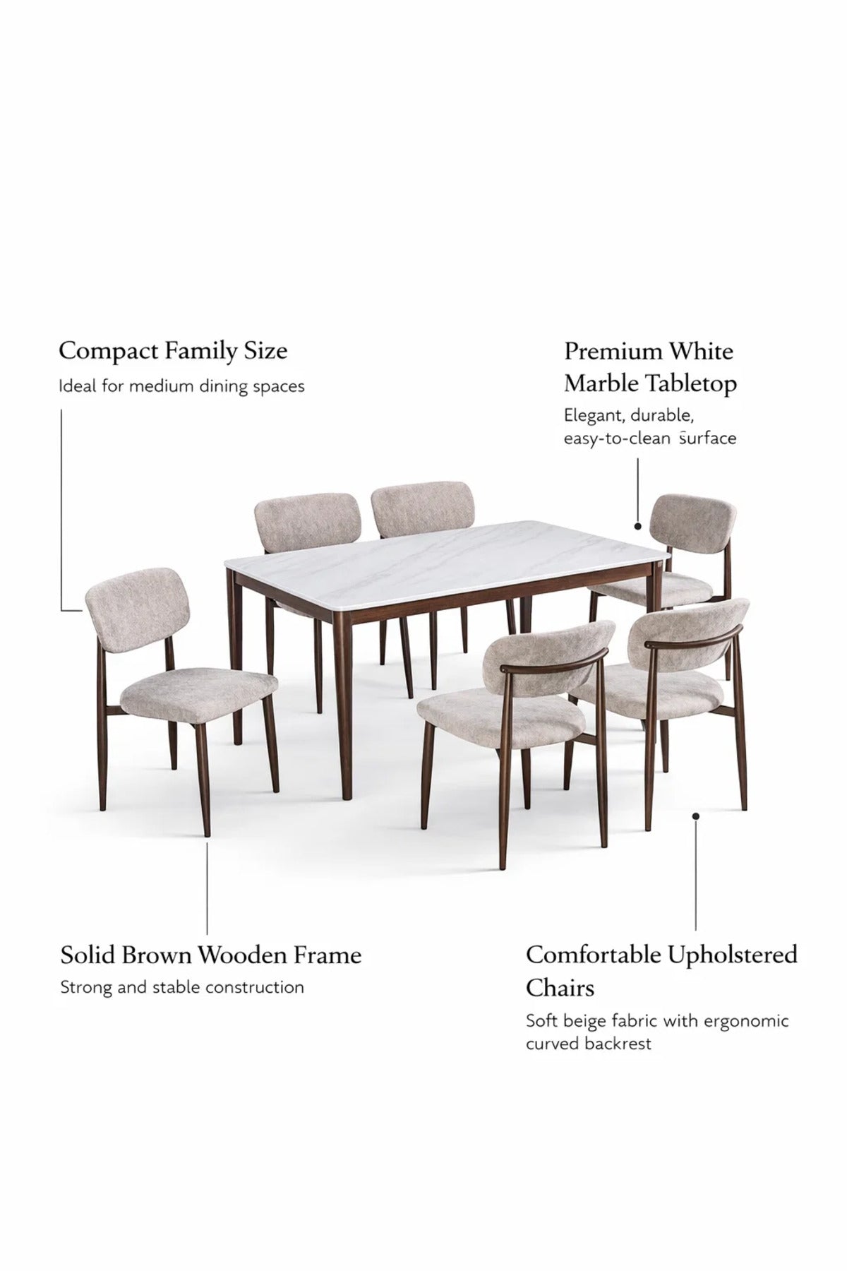 Luxury 6-Person Dining Table Set Faux Marble Top with Upholstered Fabric Chairs Brown Legs
