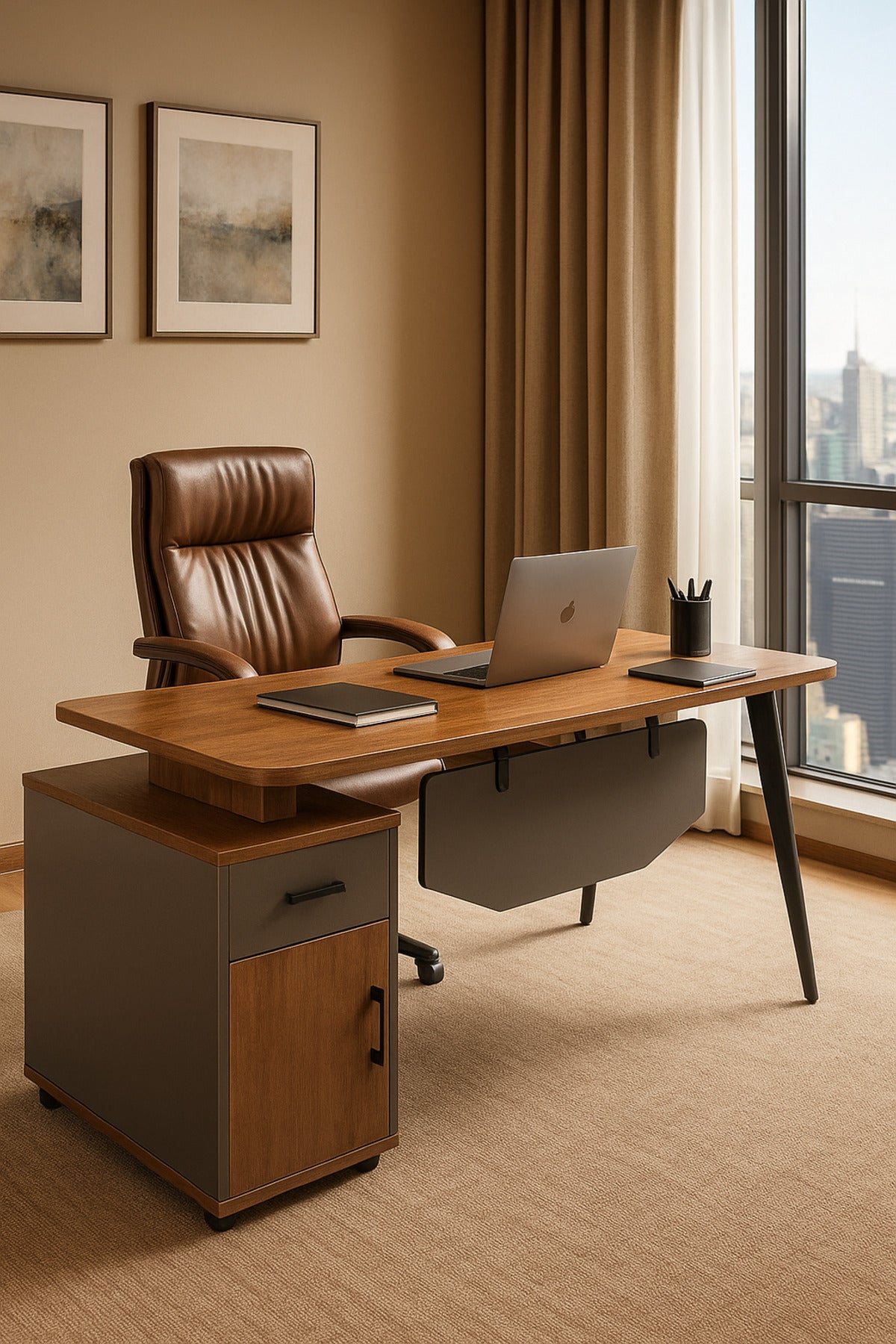 Modern L-Shaped Executive Office Desk with Storage Ð Gray and Walnut Finish