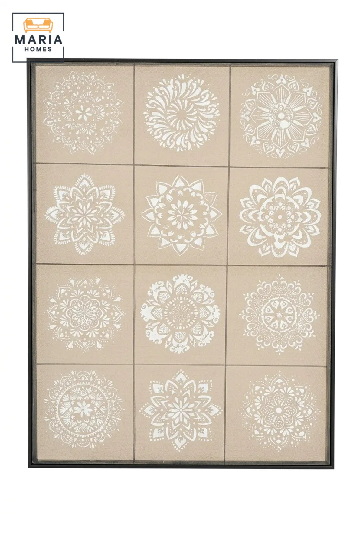 Modern Mandala Wall Art with Slim Black Frame, White Floral Pattern on Neutral Beige Canvas for Living Room, Bedroom, Hallway and Office Décor