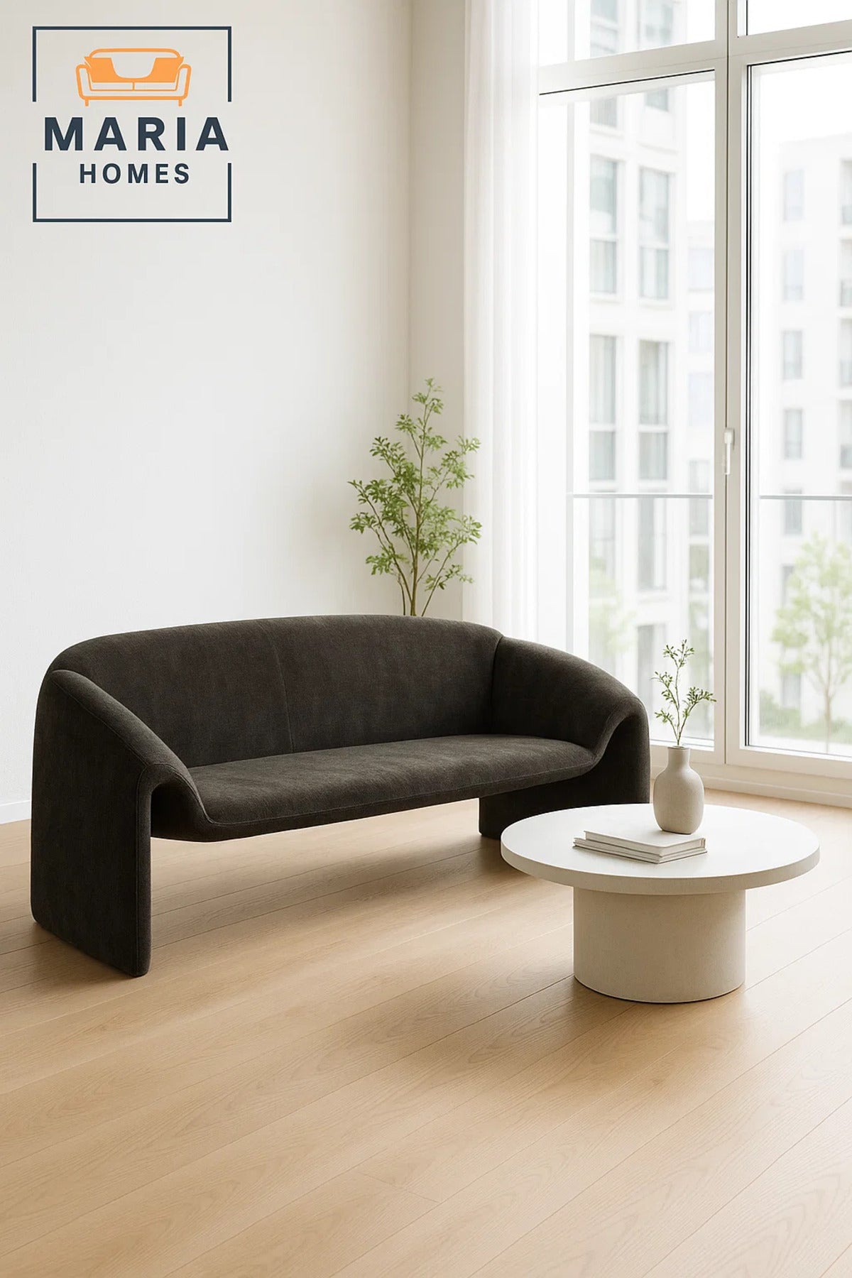 Modern Gray Sofa √ê Curved Fabric 3-Seater for Living Room & Lounge Spaces