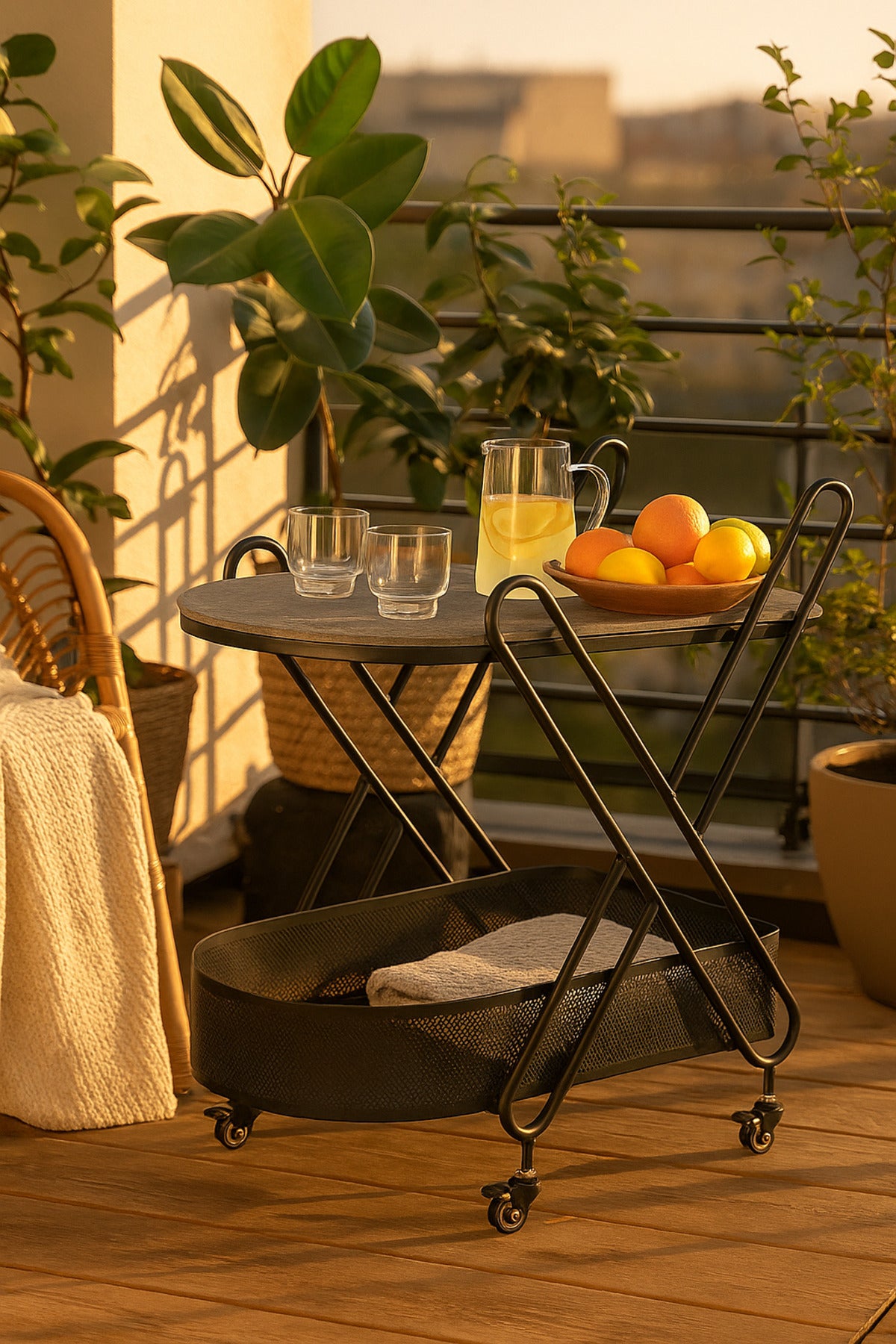 Gray Metal Serving Trolley Ð 2-Tier Industrial Bar Cart with Mesh Basket & Wheels 70_44_85 cm