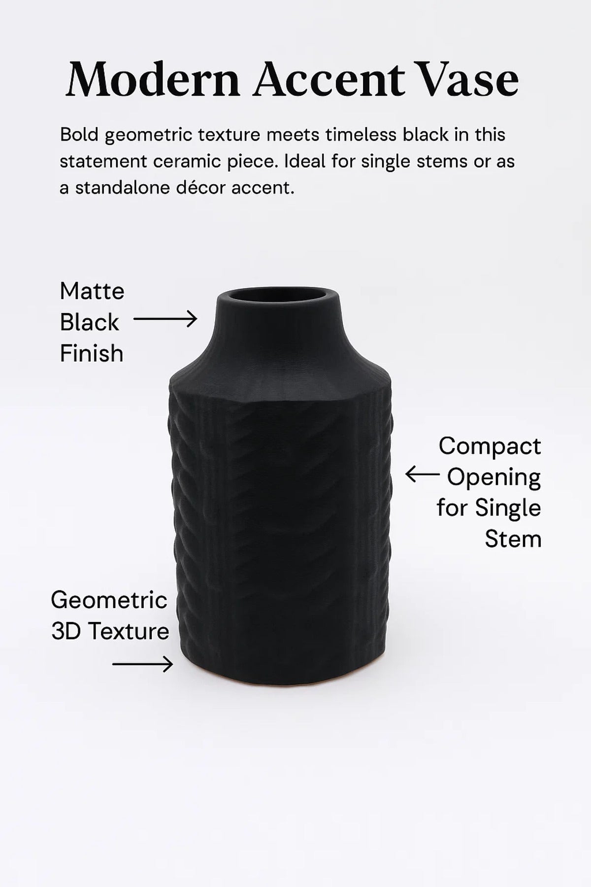 Black Textured Ceramic Vase Ð Modern Embossed Decorative Flower Pot for Home and Office DŽcor