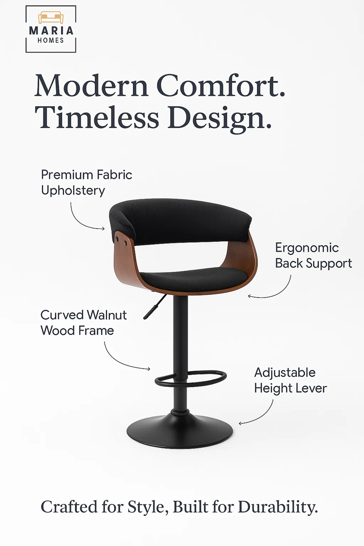 Modern Black Adjustable Bar Stool with Footrest, Swivel High Chair for Kitchen Island & Home Bar