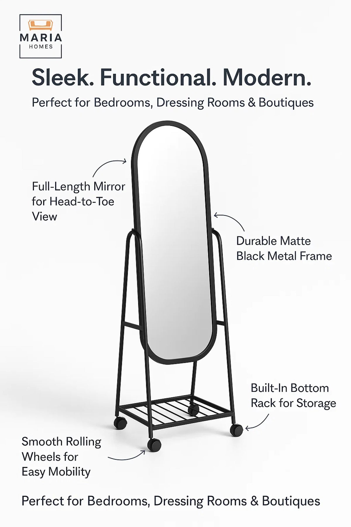 Full Length Standing Mirror with Metal Frame Floor Dressing Mirror for Bedroom Hallway Home Decor