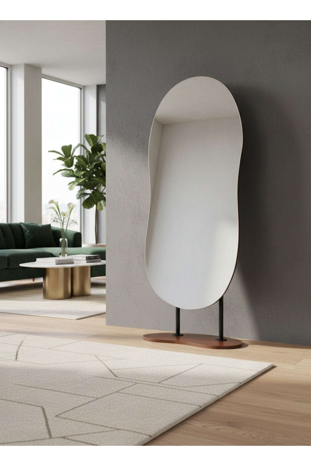 Modern Irregular Shape Standing Floor Mirror with Wooden Base Decorative Mirror