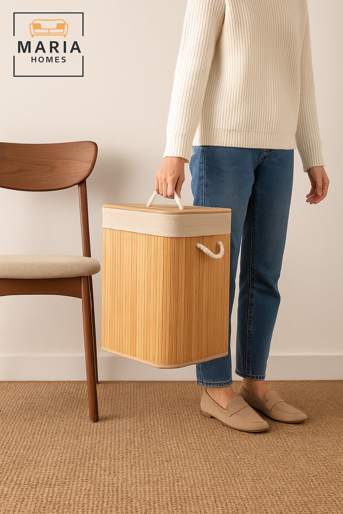 Natural Bamboo Laundry Basket with Lid & Rope Handles Ð 40_30_57 cm