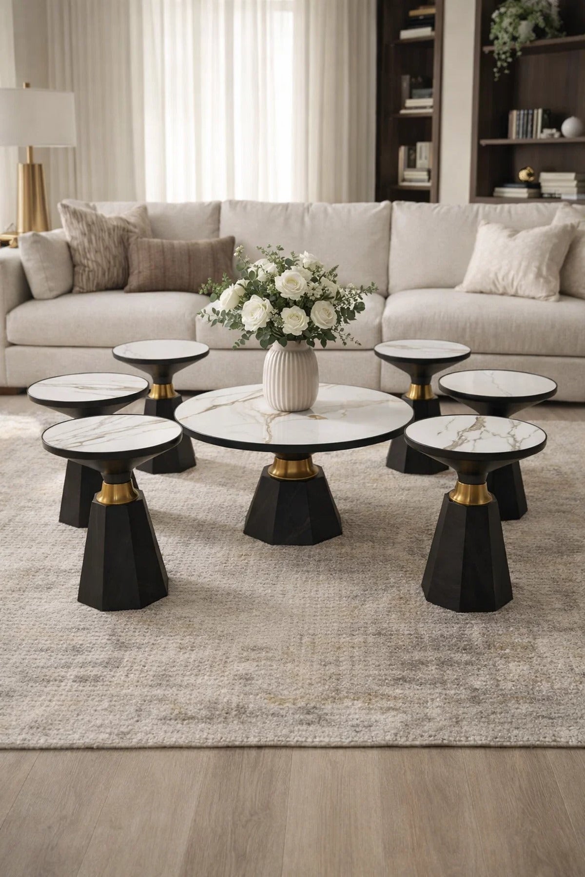 Modern 7-Piece Coffee Table Set Ceramic Top Black Base Gold Detail Center Table Living Room Kit
