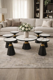 Modern 7-Piece Coffee Table Set Ceramic Top Black Base Gold Detail Center Table Living Room Kit