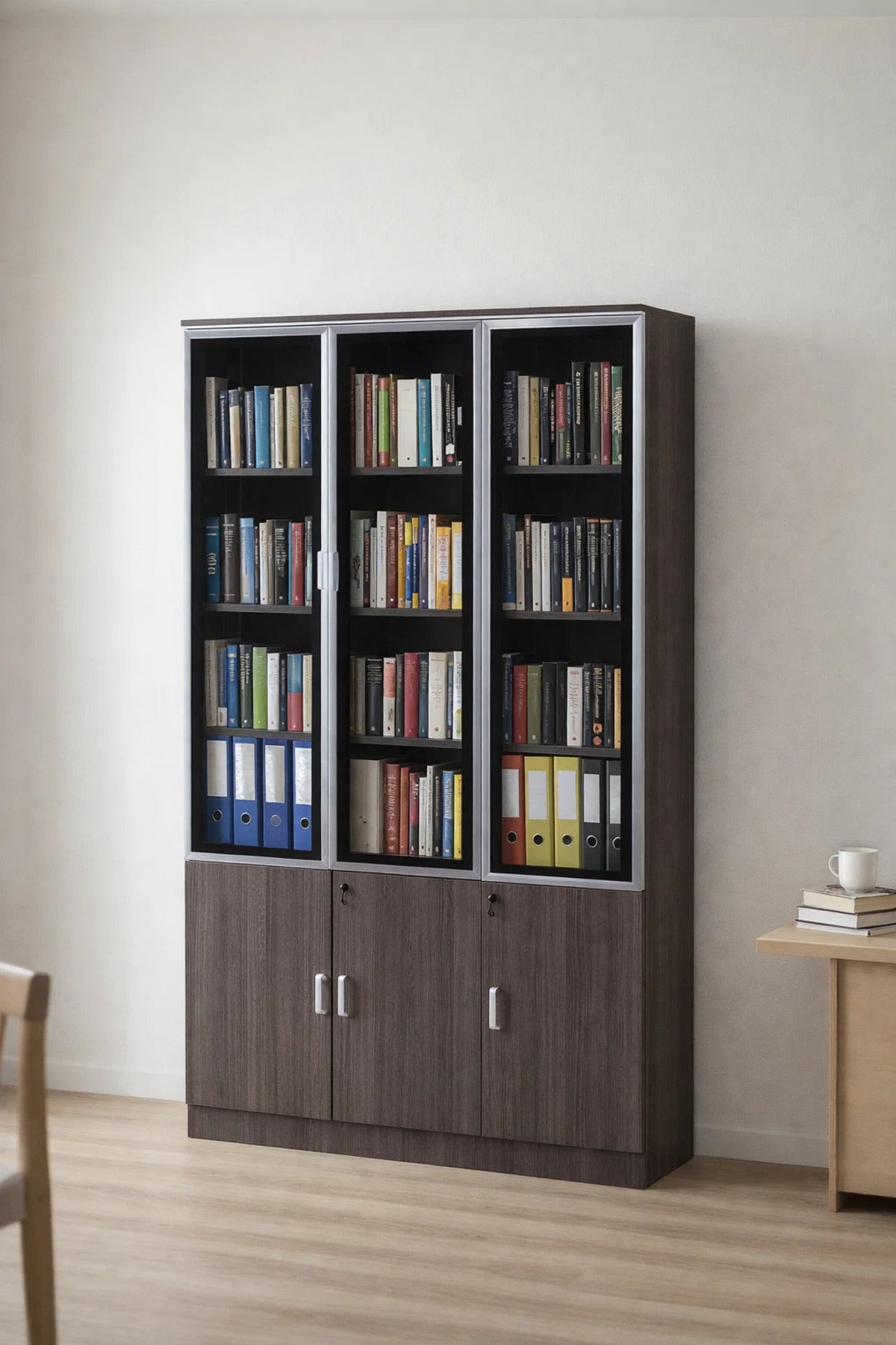 Elegant High Capacity Grey Office File Cabinet with Glass Upper Doors and Secure Locking Storage